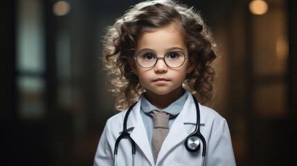 A little girl in a white coat plays doctor. The concept of a child in an adult profession.
