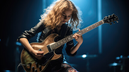 Obraz premium Teenage girl playing guitar on dark background