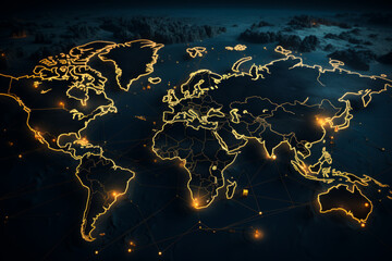 World map with lights on it and dark background.