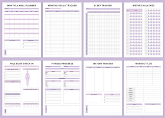 Minimalist planner pages templates. Monthly Meal Planner,Monthly Bills Tracker,Sleep Tracker,Water Challenge,Full Body Check In,Fitness Progress,Weight Tracker,Workout Log,