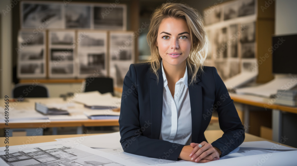 Poster female architect stands in an office in front of a desk with various architectural projects