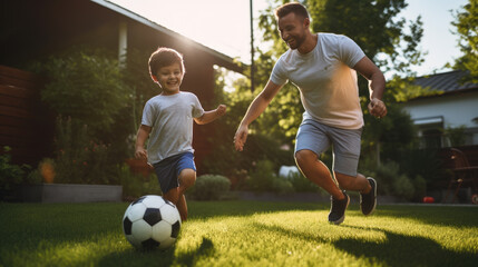 Joyful father and son play with a soccer ball in the front yard of the house
