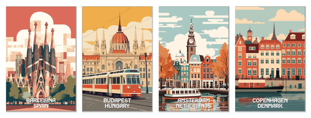 European Travel Destinations Vector Art Poster Set - obrazy, fototapety, plakaty
