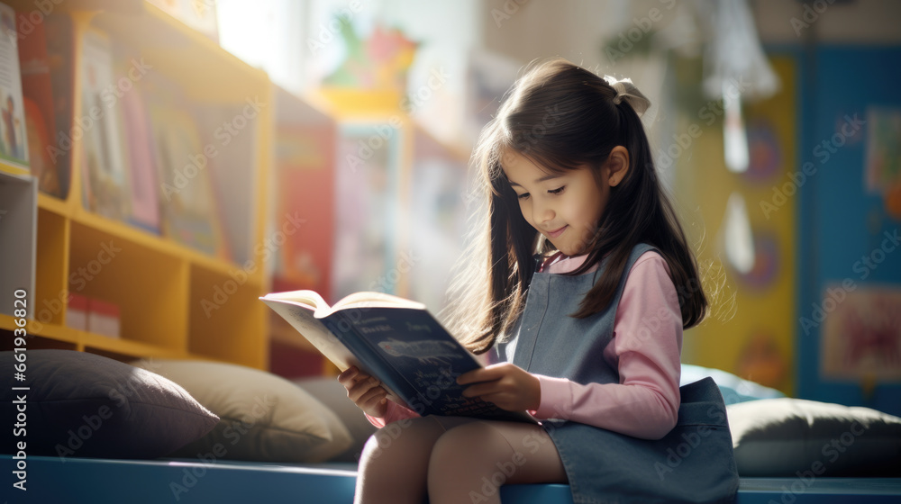 Sticker a little girl preschooler reading a book sitting at her desk in the classroom