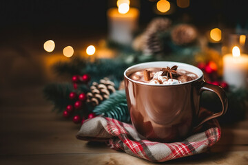 Beautiful decorated mug of hot chocolate and marshmallow and cinnamon - obrazy, fototapety, plakaty
