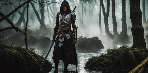 Mysterious fighter shrouded in misty swamp, donned in black armor, a captivating fantasy character portrait.. - obrazy, fototapety, plakaty
