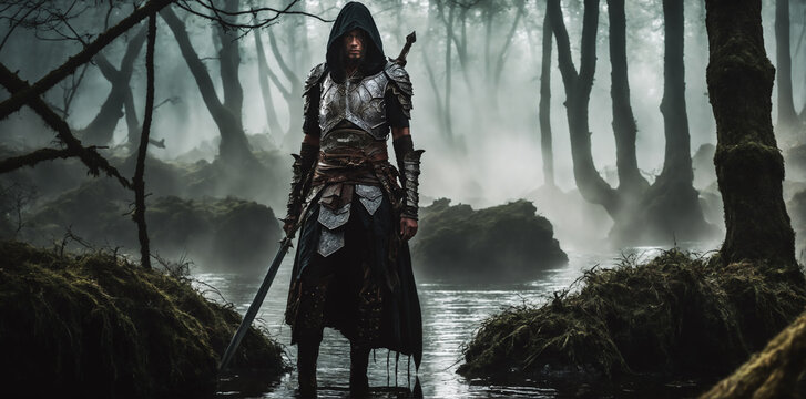 Fototapeta Mysterious fighter shrouded in misty swamp, donned in black armor, a captivating fantasy character portrait..