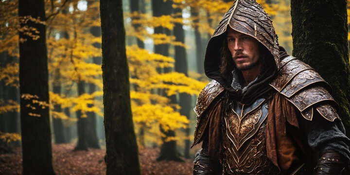 A hooded warrior in armor stands in the rain, a character from a magical fantasy world . A cinematic fantasy character in a magical world.