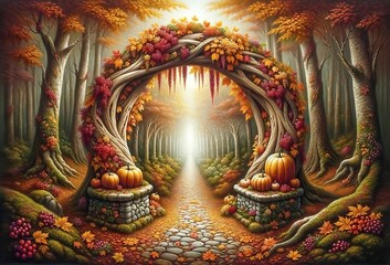 Breathtaking autumn landscape with a majestic archway adorned with fruits and pumpkins. Golden-hued pathway surrounded by fall foliage offers a dreamy seasonal ambiance. Generative AI.