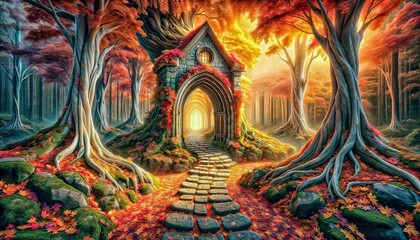 Mystical autumn forest scene with a cobblestone path leading to a magical stone house. Vivid fall colors, towering trees, and enchanted ambiance. Generative AI.