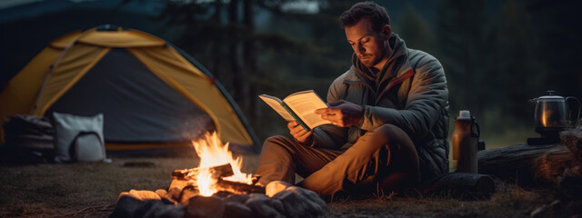 Man reading a book sitting by the fire