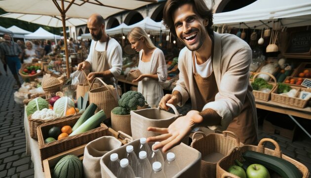 Photo of a local market where a vendor of Caucasian descent, male, enthusiastically interacts with customers, showcasing his plastic-free household