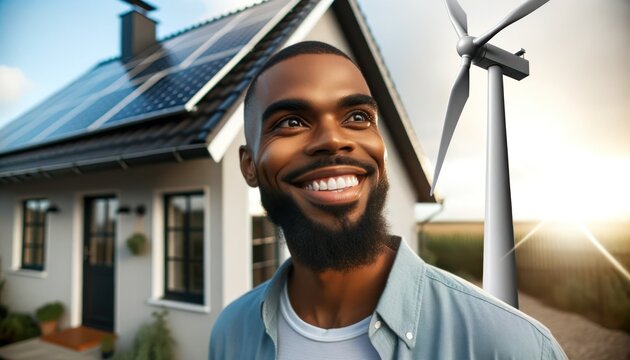 Close-up photo of a homeowner of African descent, male, smiling proudly next to his house. The roof is covered with solar panels