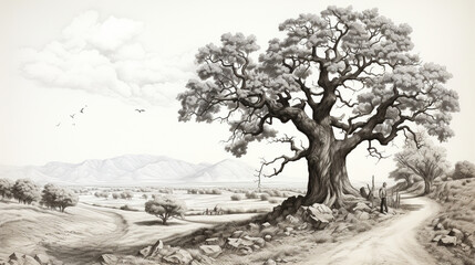 Ancient Oak Tree: A meticulously shaded pencil drawing of an ancient oak tree, emphasizing its intricate bark and branches.