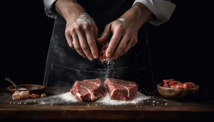 chef hands cooking meat steak and adding salt