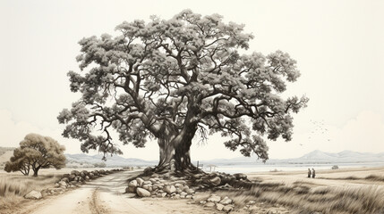 Ancient Oak Tree: A meticulously shaded pencil drawing of an ancient oak tree, emphasizing its intricate bark and branches.