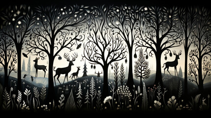 Whimsical Forest Creatures: A detailed illustration of whimsical forest creatures in black and white, invoking a sense of enchantment.