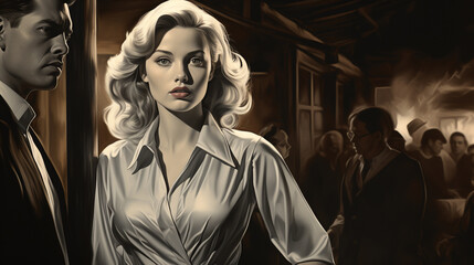 Classic Film Noir Scene: An evocative pencil drawing reminiscent of classic film noir scenes, featuring dramatic lighting and mystery.