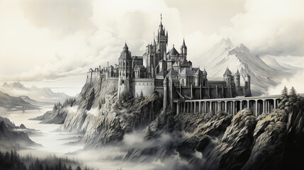 Fantasy Castle: A highly detailed black and white pencil drawing of a fantasy castle perched on a mountain, evoking a sense of wonder.