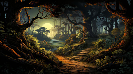 Obraz premium Mystical Forest Path: A captivating drawing of a mystical forest path with twisting trees and hidden secrets.