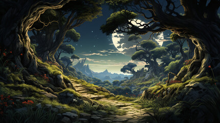 Mystical Forest Path: A captivating drawing of a mystical forest path with twisting trees and hidden secrets.