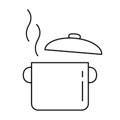 Pot icon. Pan with open lid and steam in line style. Hot meal. Outline vector illustration.