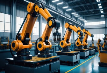 Smart industrial robot arms in digital factory production technology manufacturing process