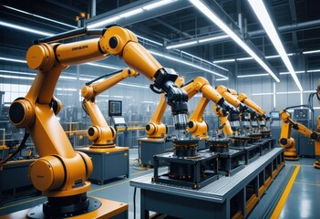 Advanced High Precision Robot Arm inside Bright Electronics Factory. Component Installation on Circuit Board. Electronic Devices Production Industry. Fully Automated Modern PCB Assembly Line. - obrazy, fototapety, plakaty