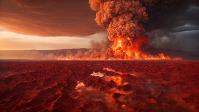 Volcanic eruption with lava and smoke, natural disasters