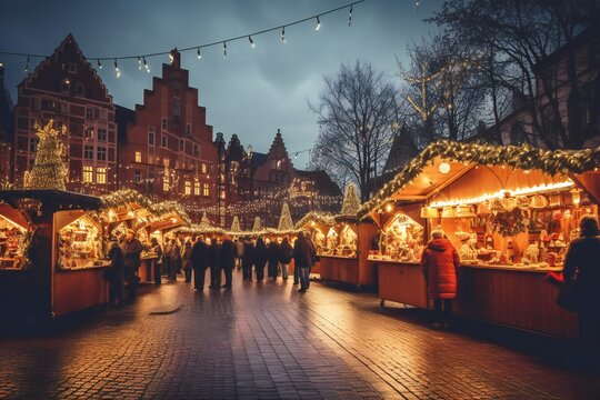 Vintage tone image of Night festival in christmas theme with light . Christmas market in evening