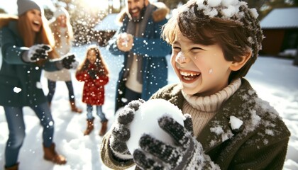 Close-up photo of a family of diverse descent engaged in a lively snowball fight in a snow-covered yard. A child, with snow on their face, laughs joyful