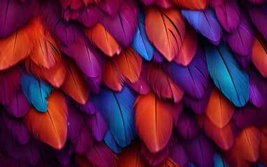 Fototapeta premium Colorful background with the texture of colorful feathers of exotic birds, bright beautiful feathers of a parrot or peacock.