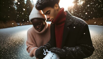 Photo of two individuals of African descent in a close-up shot, deeply engrossed in their ice skating routine on a tranquil icy pond. - obrazy, fototapety, plakaty