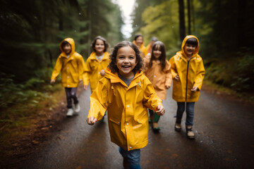 Fototapeta premium kids wear yellow rainning coat walk together learning among forest .