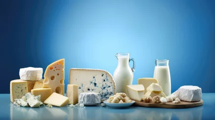 Foto op Plexiglas Various dairy products on blue background © MP Studio