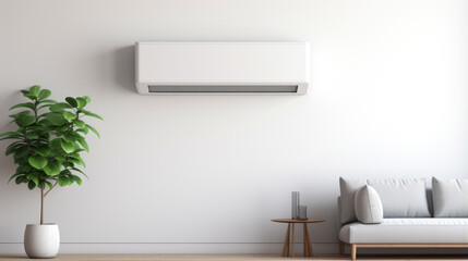 Air conditioner on white wall in modern room with stylish grey sofa