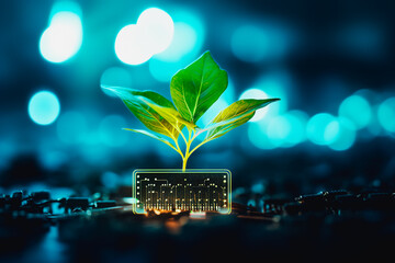 illustration of glowing plant growing on computer chip - obrazy, fototapety, plakaty