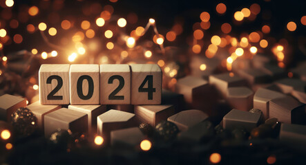 Wooden block cubes displaying the number 2024 with a bokeh light background,  for New Year's Eve.