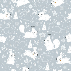 Christmas seamless pattern with cute rabbits and squirrels. Winter fabric design, white woodland animals  - 661940675
