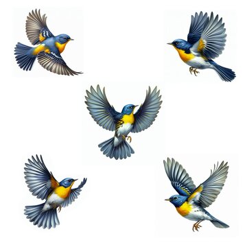 A set of Northern Parulas flying isolated on a white background