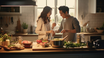 Young couple cooking together in the kitchen - obrazy, fototapety, plakaty