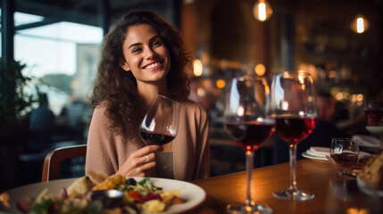 Woman tastes an assortment of cheeses with wine at a restaurant