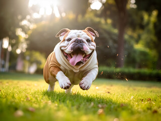 white english bulldog run on green grass at public park, sunshine, fat dog are funny