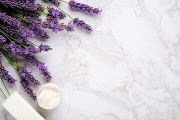 A delicate flat lay featuring lavender flowers and natural cosmetics, elegantly displayed on a sophisticated marble background, offering a soothing visual experience and empty space for versatile use.