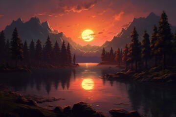 Stunning sunset scene with mountains, lake, and forest. Generative AI