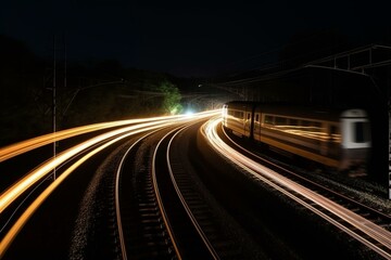 Fototapeta na wymiar A fast train with bright lights goes around a curve. Generative AI