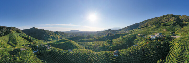 Aerial view of the hills in the Prosecco area of Valdobbiadene