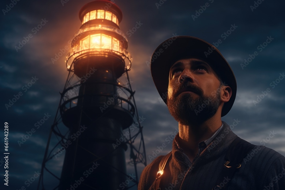 Poster man in front of lighthouse