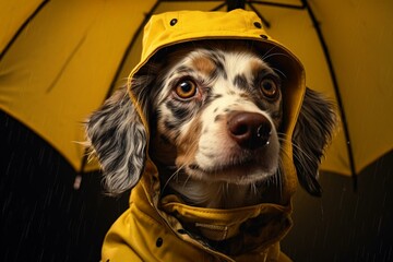 Canine wearing a yellow hat and holding an umbrella. Generative AI