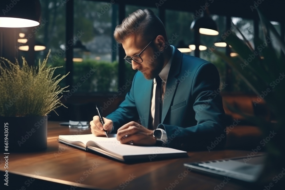 Poster man writing in notebook at table
